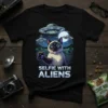 Selfie With Aliens t-shirt design featuring a surprised Siamese cat waving at UFOs in a starry night sky