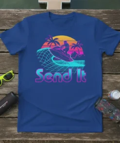 Retro "Send It" jet ski t-shirt design with palm trees, sunset, and grid wave graphic