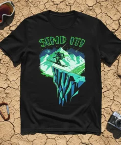 Black t-shirt with "SEND IT!" text and a graphic of a skier jumping off a cliff with mountains in the