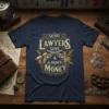 T-shirt design featuring the text "SEND LAWYERS GUNS & MONEY MONEY" with vintage illustrations of guns, coins, and scrolls