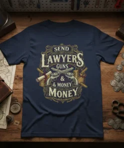 T-shirt design featuring the text "SEND LAWYERS GUNS & MONEY MONEY" with vintage illustrations of guns, coins, and scrolls