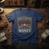 Send Lawyers Guns & Money text with crossed pistols graphic on a navy blue t-shirt