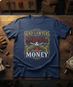 Send Lawyers Guns & Money text with crossed pistols graphic on a navy blue t-shirt