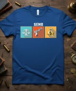 Send Legal Gun Money T-Shirt with scales of justice, pistol, and money bag graphic