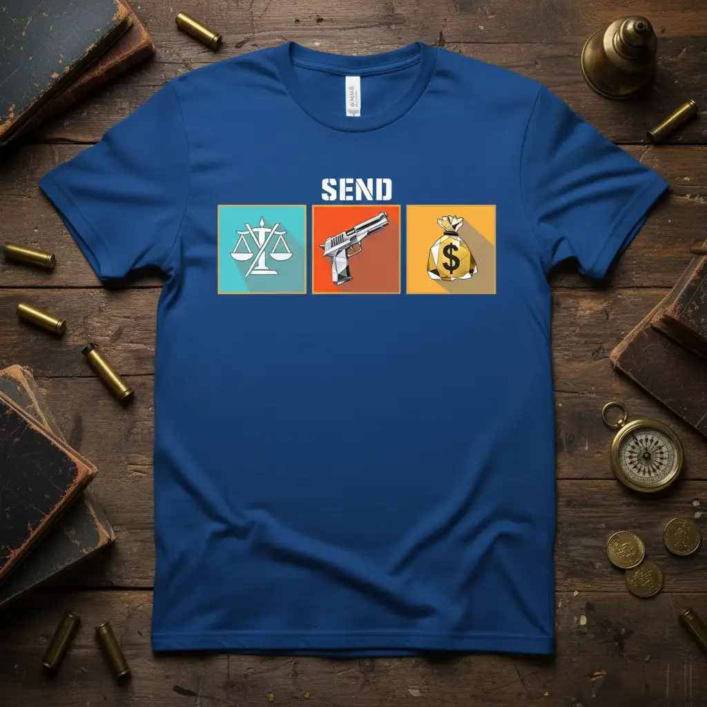 Send Legal Gun Money T-Shirt design with scales of justice, handgun, and money bag icons