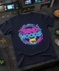 Send Noods text in neon lights with a ramen bowl graphic on a navy t-shirt