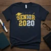 SENIOR 2020 text with graduation cap graphic on a navy blue t-shirt, Class of 2020 graduation apparel