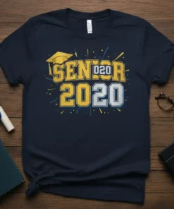 SENIOR 2020 text with graduation cap graphic on a navy blue t-shirt, Class of 2020 graduation apparel