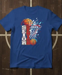 SENIOR 2022 BASKETBALL T-SHIRT graphic with basketball, net, and abstract shapes