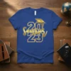 Senior 2023 graduation t-shirt design with gold lettering and graduation cap graphic