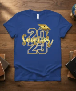 Senior 2023 graduation t-shirt design with gold lettering and graduation cap graphic