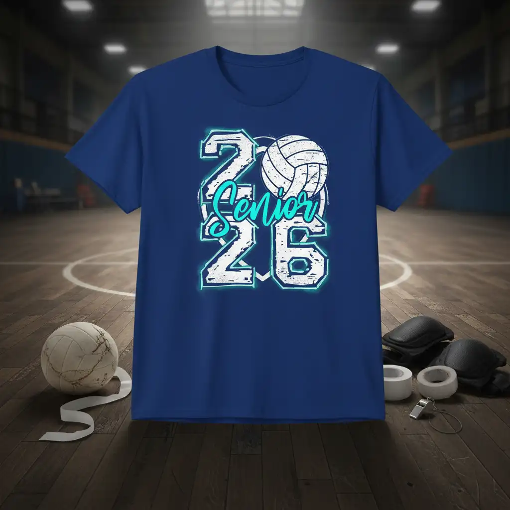 Blue Senior 2026 Volleyball T-Shirt design with neon teal outline and graphic of a volleyball