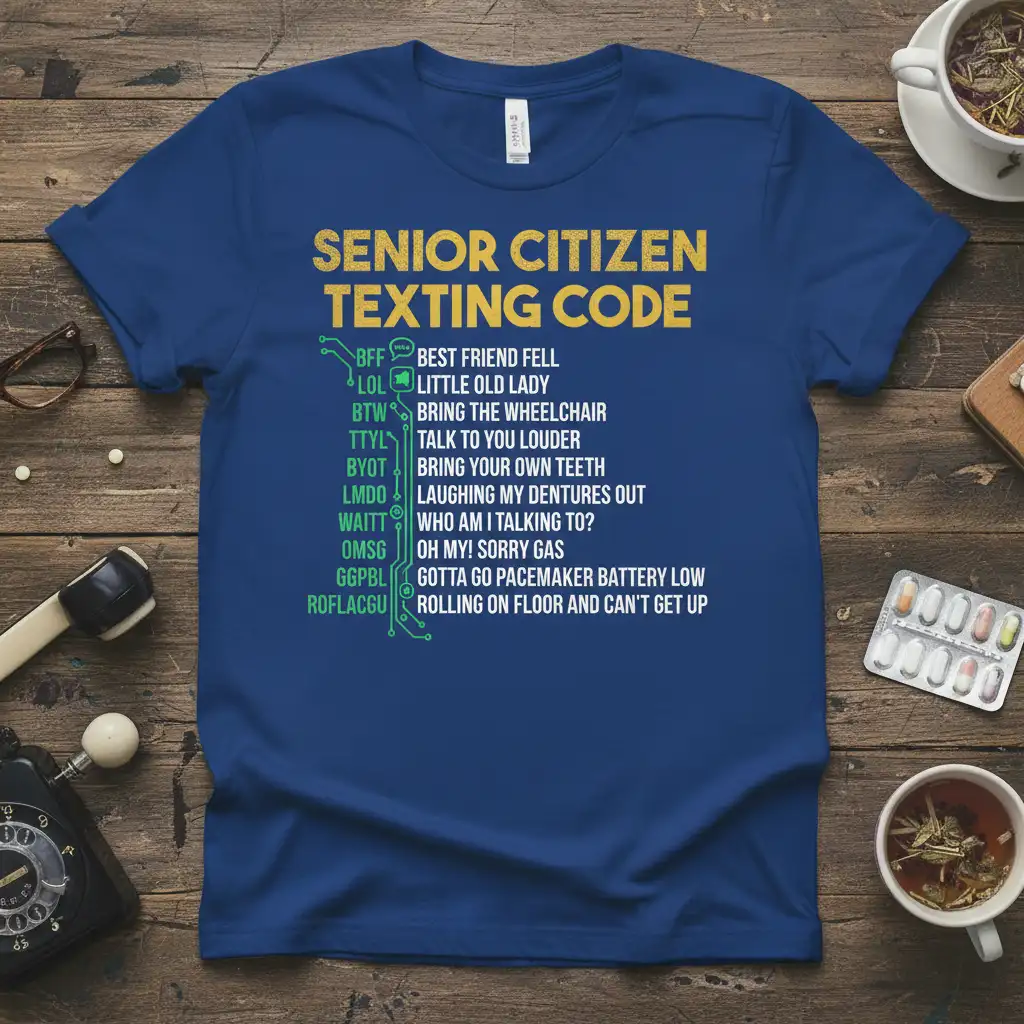 Senior Citizen Texting Code design featuring green and yellow text with texting abbreviations and humorous explanations