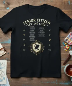 Black t-shirt featuring "SENIOR CITIZEN TEXTING CODE" with lists of humorous texting acronym interpretations and a central shield graphic with