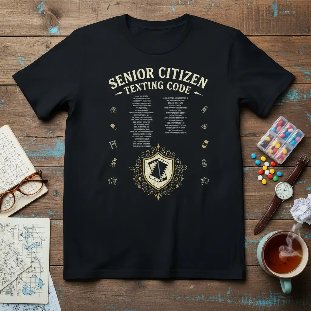 Black t-shirt displaying the SENIOR CITIZEN TEXTING CODE with funny acronym translations and a phone crest graphic