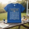 Blue t-shirt with "Senior Citizen Texting Code" design listing funny text abbreviations for seniors like LOL, BTW, and LMDO