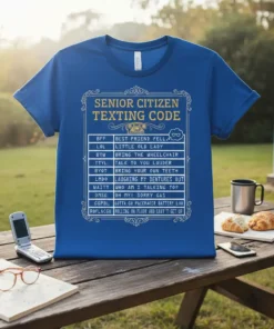 Blue t-shirt with "Senior Citizen Texting Code" design listing funny text abbreviations for seniors like LOL, BTW, and LMDO