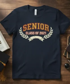 SENIOR CLASS OF 2021 text with laurel wreath and ribbon graphic on a navy t-shirt
