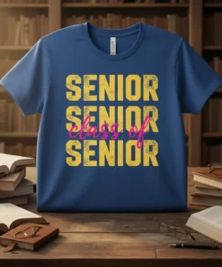 Blue t-shirt with "SENIOR SENIOR class of SENIOR" text in yellow and pink, perfect for graduation