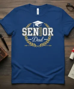 Senior Dad 20025 graduation t-shirt with laurel wreath and graduation cap graphic