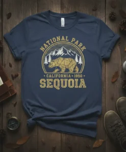 Vintage Sequoia National Park California 1990 t-shirt with a geometric bear graphic and mountain backdrop