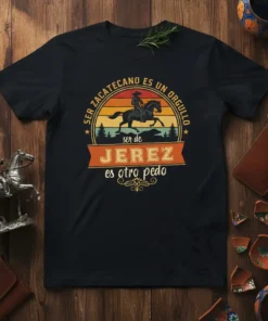 Text "SER ZACATECANDO ES UN ORGULLO ser de JEREZ es otro pedo" with a vintage sunset graphic of a horse