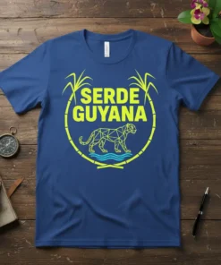 Serde Guyana t-shirt design featuring a geometric jaguar graphic within a bamboo circle and sugarcane stalks