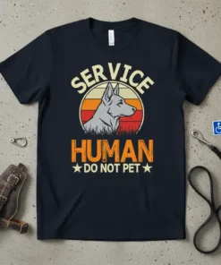 Service Human Do Not Pet t-shirt with vintage sunset graphic and German Shepherd dog illustration
