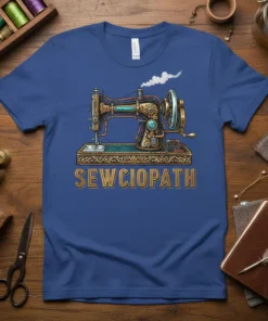 Sewciopath t-shirt with vintage sewing machine graphic and steam effect