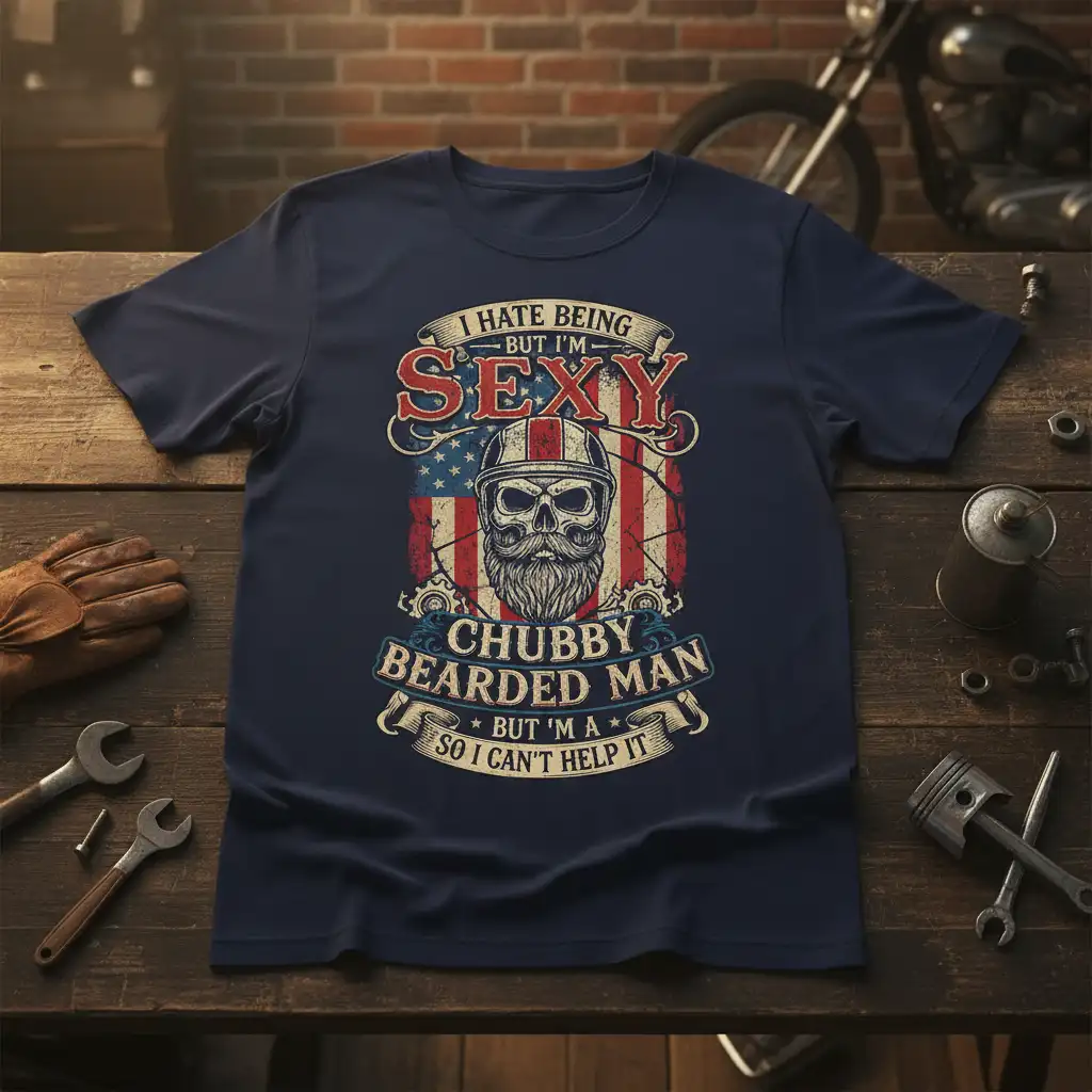 I Hate Being But I'm Sexy Chubby Bearded Man quote tee with skull and US flag graphic