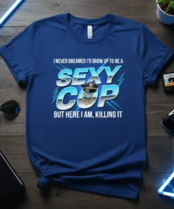 I NEVER DREAMED I'D GROW UP TO BE A SEXY COP BUT HERE I AM, KILLING IT text on a