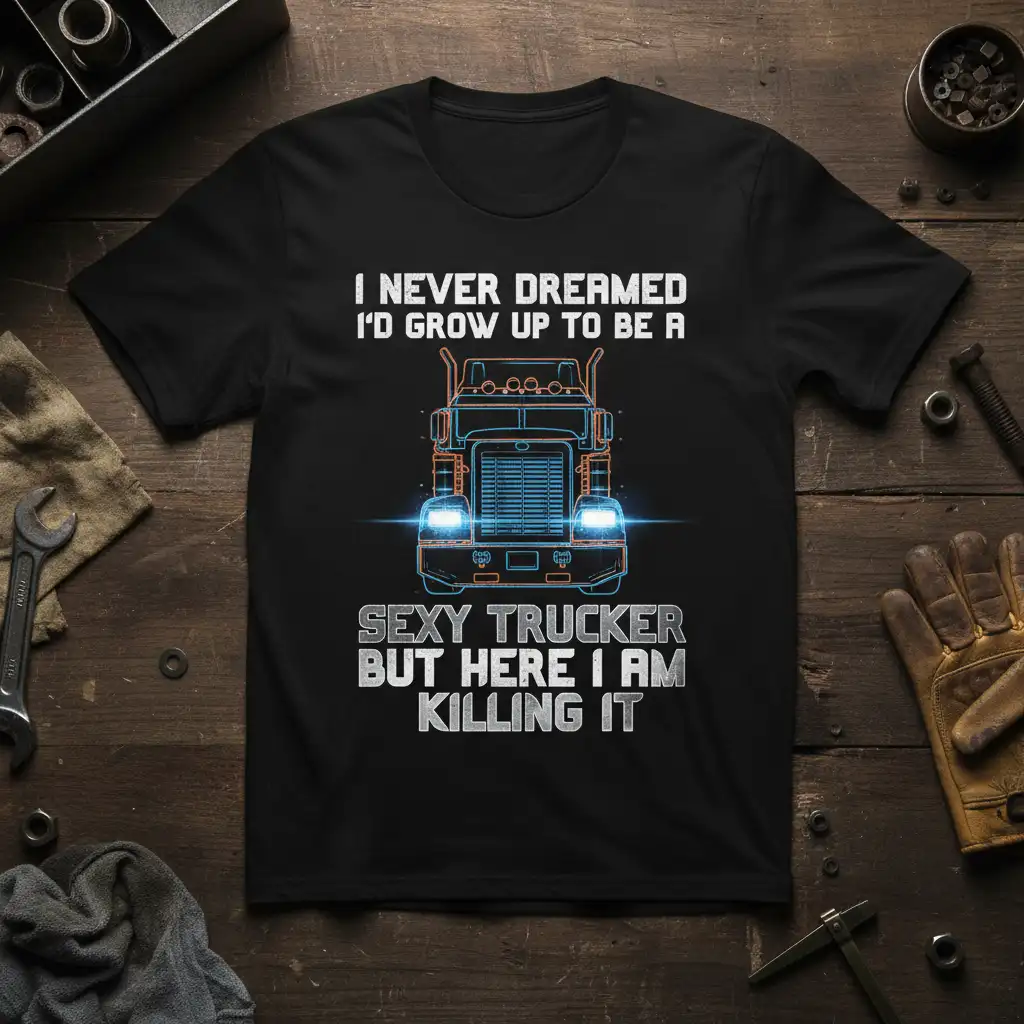 I NEVER DREAMED I'D GROW UP TO BE A SEXY TRUCKER BUT HERE I AM KILLING IT quote with truck graphic on