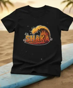 Black t-shirt featuring the word SHAKA inside a stylized ocean wave graphic with palm trees