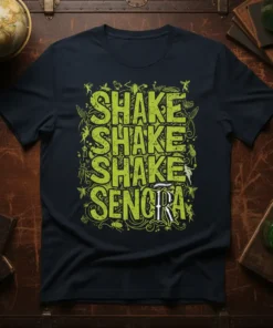 SHAKE SHAKE SHAKE SHAKE SENORA text design with playful green font and whimsical insect and fairy graphics around the letters