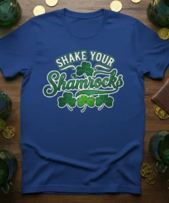 Shake Your Shamrocks St. Patrick's Day t-shirt with green shamrock graphics
