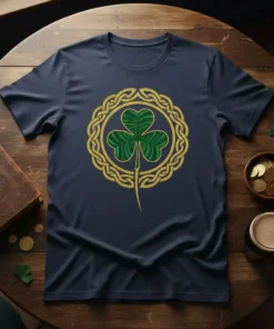 Shamrock Celtic Knot T-Shirt design featuring a green shamrock within a gold Celtic knot border, perfect for St. Patrick's Day