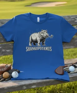 Shankopotamus T-Shirt design featuring a hippo holding golf clubs and the text Shankopotamus