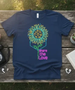 Sunflower design with sign language hands and "share the Love" text on a navy t-shirt