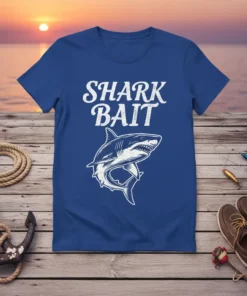 Shark Bait t-shirt design featuring a graphic of a shark and the text SHARK BAIT in white distressed font