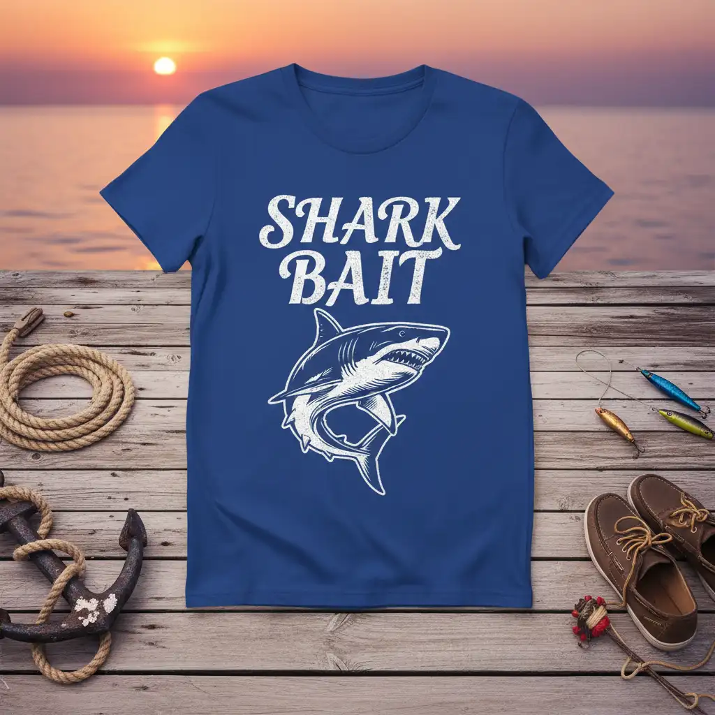 Shark Bait fishing humor t-shirt design with a prominent shark graphic and distressed text