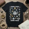 Shark Faces Great White Shark T-Shirt featuring an illustration of numerous shark species and their names, with the Great White