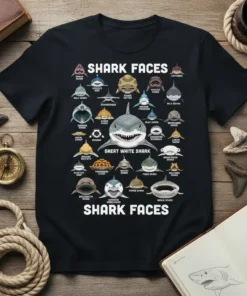 Shark Faces Great White Shark T-Shirt featuring an illustration of numerous shark species and their names, with the Great White
