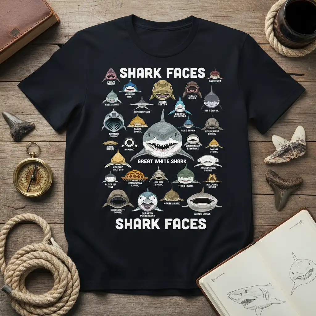 Detailed illustration of Shark Faces Great White Shark T-Shirt with numerous shark species and labels, including a prominent Great White Shark center