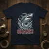 Shark! graphic t-shirt with a fierce shark illustration and bold text, perfect for ocean lovers and marine life fans