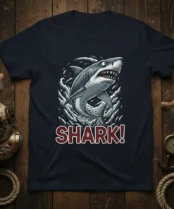 Shark! graphic t-shirt with a fierce shark illustration and bold text, perfect for ocean lovers and marine life fans