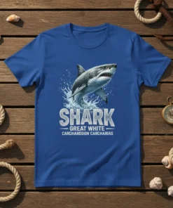 Shark Great White Carcharodon Carcharias text with a leaping shark graphic on a blue t-shirt