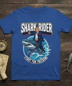 Shark Rider Fight For Freedom t-shirt design featuring Donald Trump riding a shark, with bold text and ocean waves