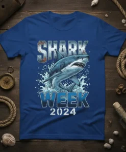 Shark Week 2024 t-shirt design with a great white shark breaching water. Text reads "SHARK WEEK 2024"
