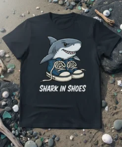 Cartoon shark wearing blue sneakers with white laces on a black t-shirt, text reads "SHARK IN SHOES"