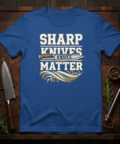 Sharp Knives Matter quote with a chef's knife graphic on a blue t-shirt